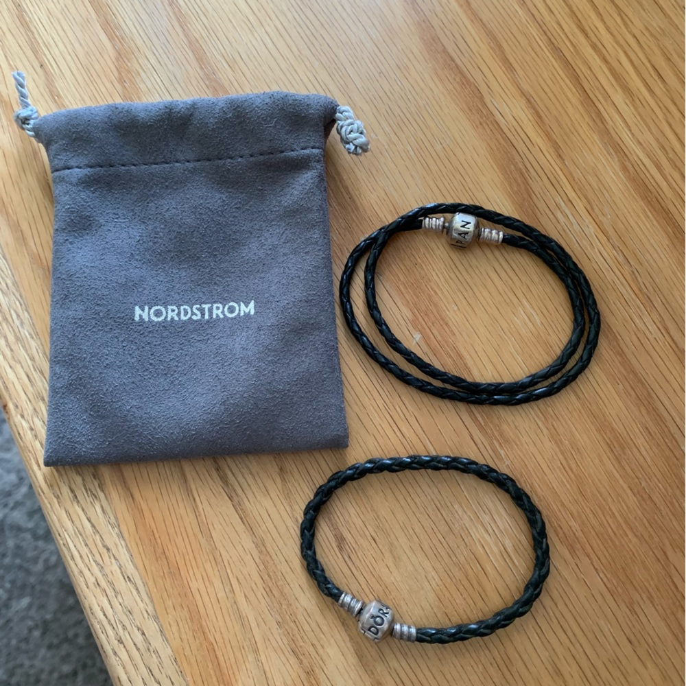 Bundle 2 Matching Retired Pandora Black Leather Bracelet & Necklace Set